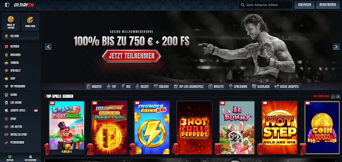 Glorion Startseite mit Banner, das einen 100 %-Bonus bis zu 750 € plus 200 Freispiele bewirbt. Seitenleiste umfasst Kategorien wie Casino, Live-Casino, Jackpot-Spiele und Missionen. Bereich „Top-Spiele-Serien“ zeigt Slots wie Double Dragon Gold und Cleopatra Wilds.