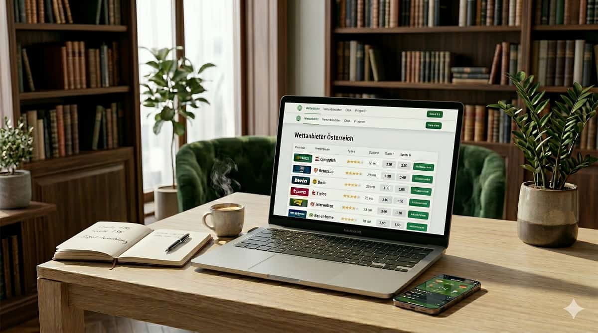Ein Laptop auf einem Holzschreibtisch, auf dessen Bildschirm eine deutschsprachige Webseite mit dem Titel „Wettanbieter Österreich“ und einer Vergleichstabelle für verschiedene Sportwettenanbieter und deren Quoten zu sehen ist, neben einer Tasse Kaffee, einem Notizbuch und einem Smartphone in einem modern eingerichteten Heimbüro mit Bücherregalen und Pflanzen. 